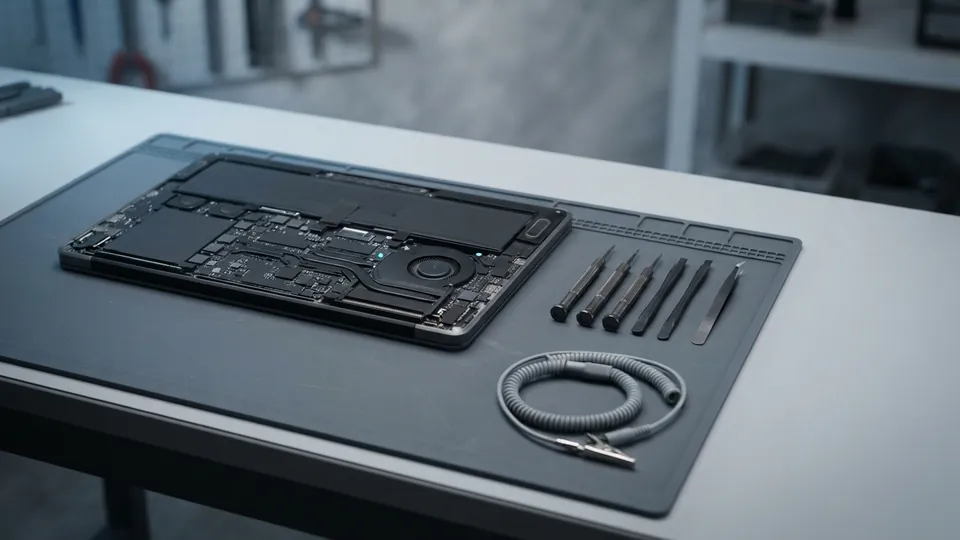 Repair bench with an opened laptop, a row of small screwdrivers and pry tools, and a coiled anti-static wrist strap