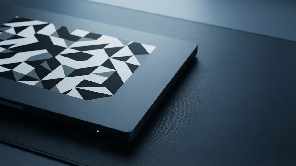 Closed laptop lid covered with a black, white and grey geometric pattern of angular shapes that plays tricks on the eye