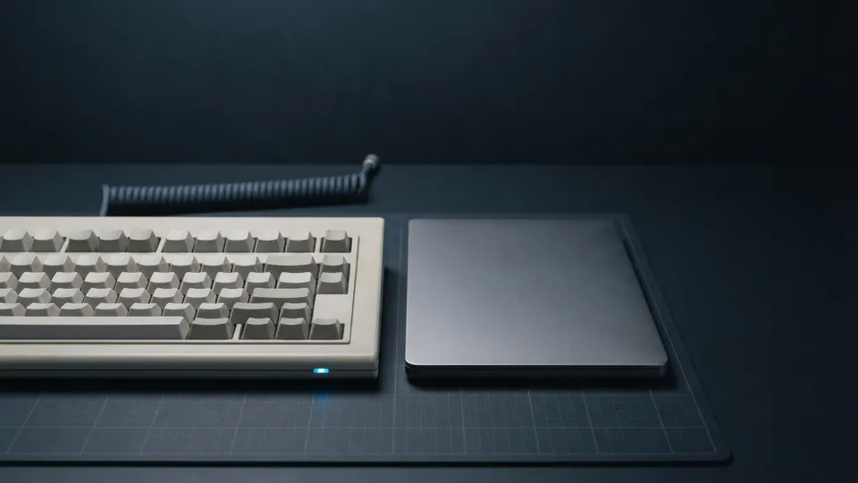 Beige retro keyboard computer with blank keycaps beside a thin modern laptop on a gridded bench mat