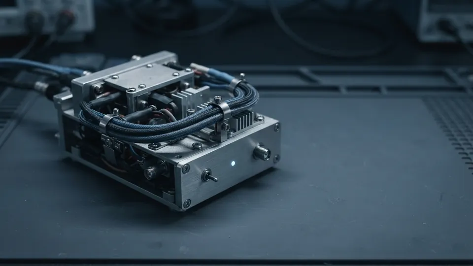 Brushed metal prototype device wrapped in braided cables, like a hand-built concept model on a workbench
