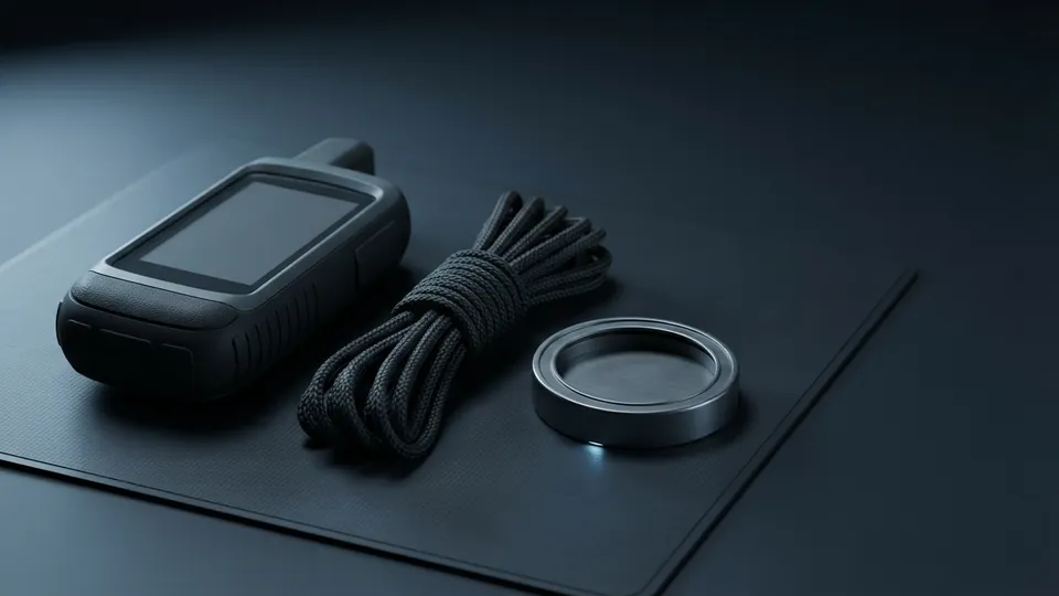 Rugged handheld GPS unit with a blank dark screen beside a coil of black rope and a plain metal compass case