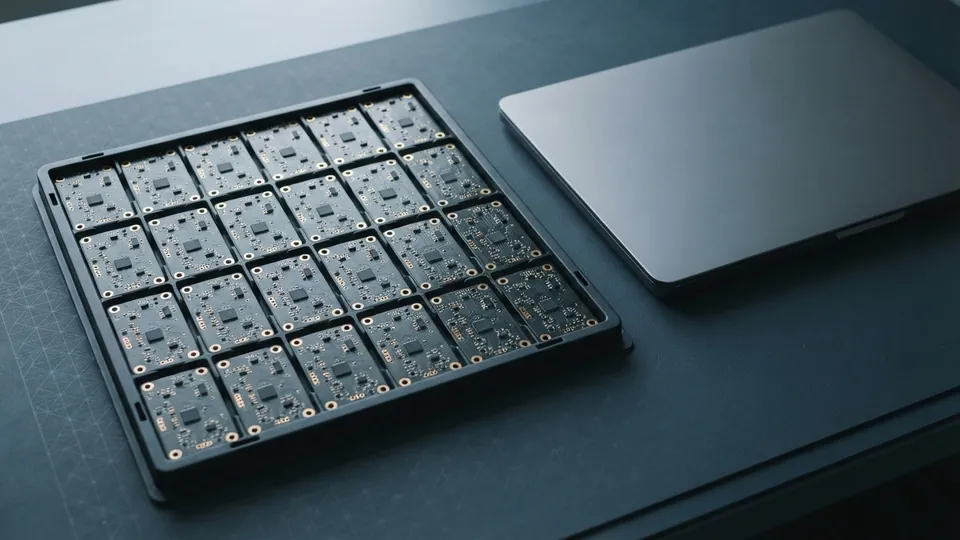 Factory tray holding a grid of identical circuit boards beside a closed laptop, like a production line sample