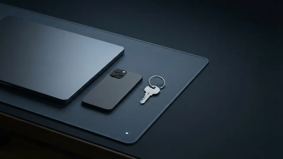 Closed laptop and a face-down smartphone beside a single steel house key on a plain ring