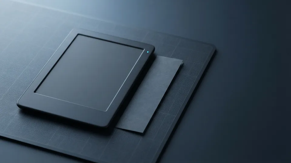 E-reader with a blank dark screen resting on a plain paper bookmark on a gridded bench mat