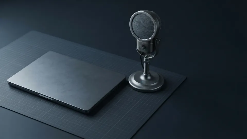 Closed laptop beside a vintage-style round desk microphone on a stand
