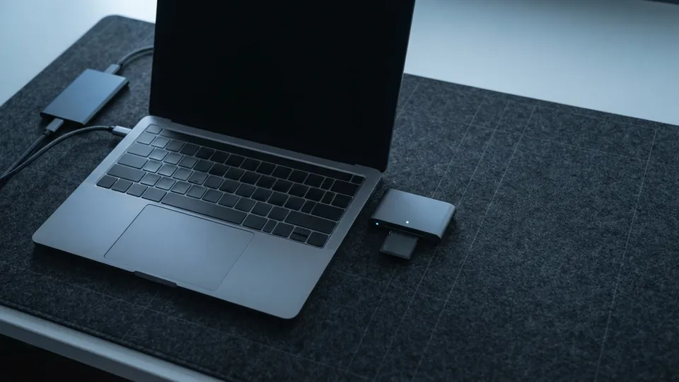 Open slate-grey laptop with a dark screen beside a small external drive and a card reader with an SD card on a dark bench mat