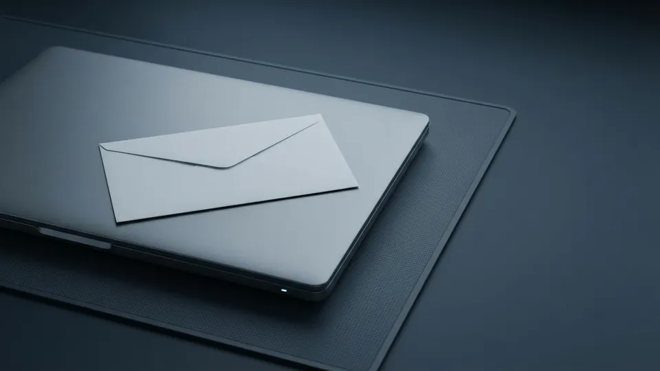 Closed laptop with a plain sealed envelope resting on its lid