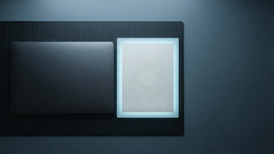 Sheet of paper on a glowing light panel showing a faint woven pattern, beside a closed laptop