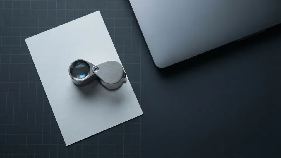 Steel jeweller's loupe resting on the blank back of a photo print beside a closed laptop
