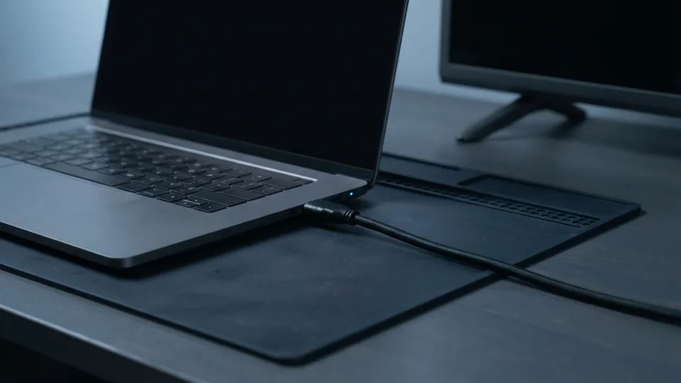 HDMI cable plugged into the side port of an open laptop and running off the bench toward a dark television in the background