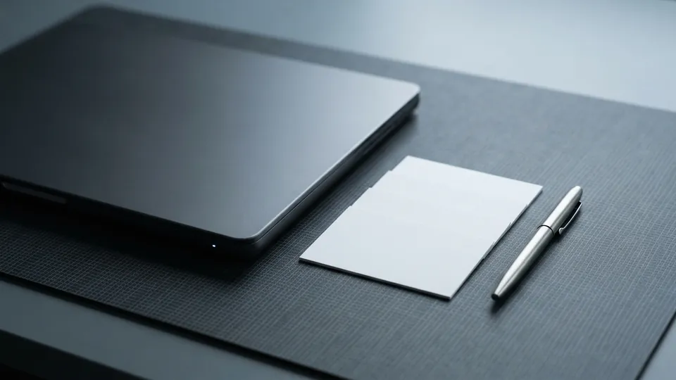 Blank index cards and a steel pen laid beside a closed dark laptop on a bench mat
