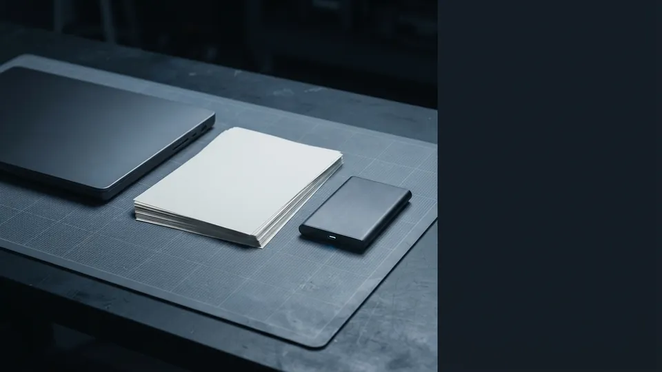 Closed laptop beside a neat stack of blank paper drafts and a slim external backup drive