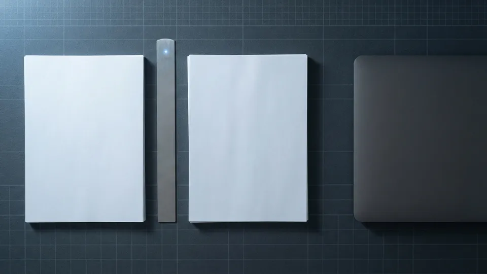 Two stacks of blank paper with a plain steel straightedge between them and a closed laptop at the edge