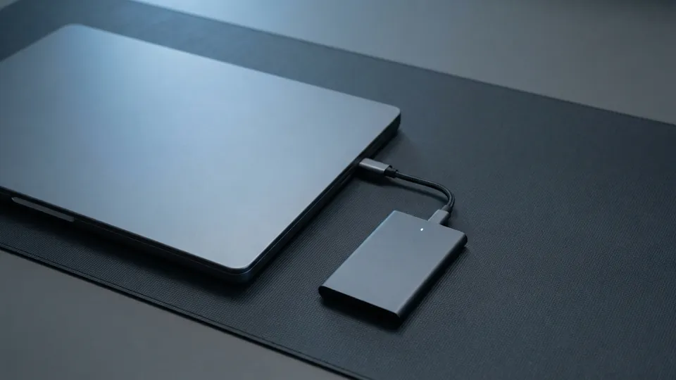 Closed slate-grey laptop on a dark bench mat with a small external SSD and a single USB-C cable beside it, one ice-blue LED on the drive