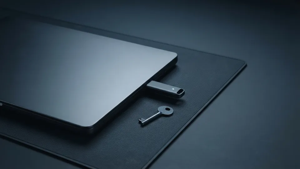 Closed laptop with a USB flash drive plugged into its side and a small steel key lying beside it