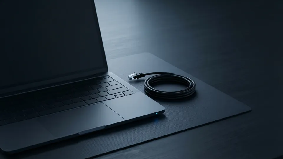 Open laptop with a dark screen beside a disconnected, coiled network cable, working offline