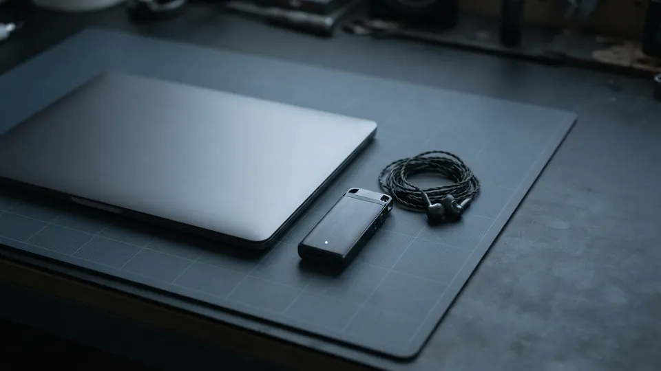 Closed dark laptop beside a small voice recorder with one blue light and a coil of wired earbuds on a slate bench mat