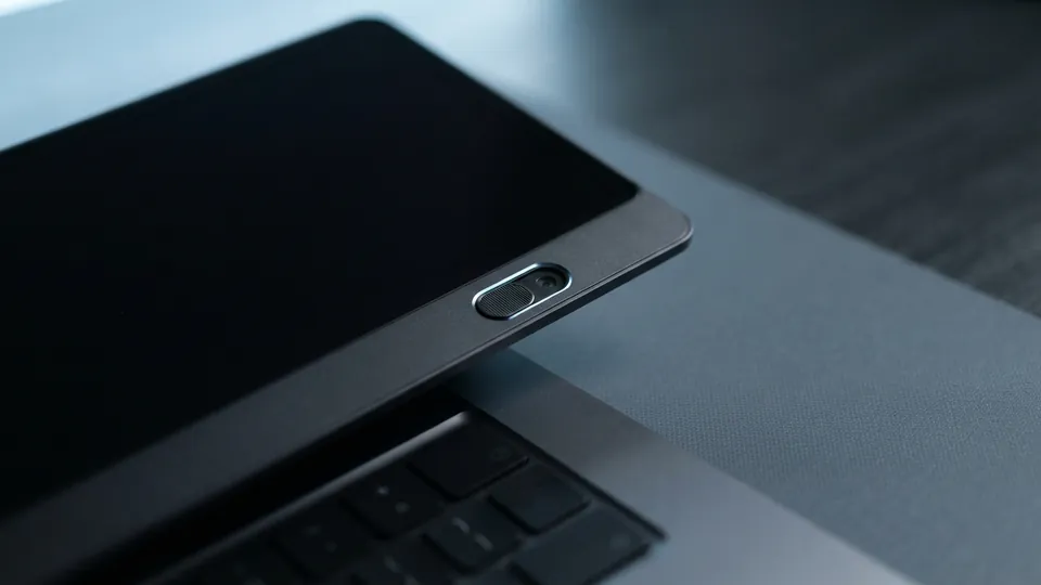 Close view of a laptop's top bezel with the screen off and a small webcam privacy shutter slid closed