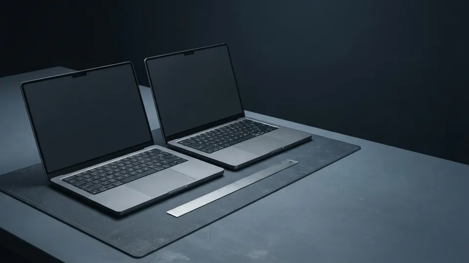 Two open laptops side by side with their lids at the same angle and a plain steel straightedge between them