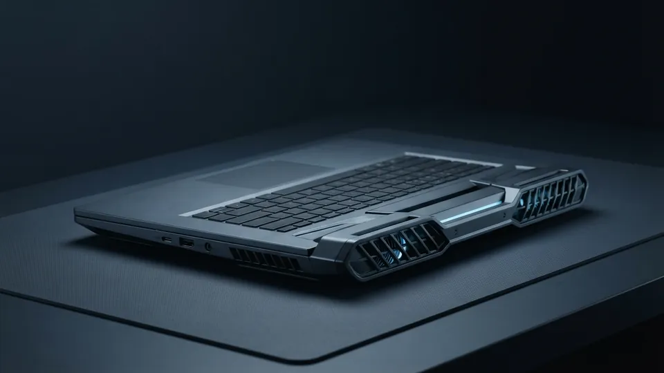 Thick performance laptop with large rear exhaust vents and a thin ice-blue light along its back edge