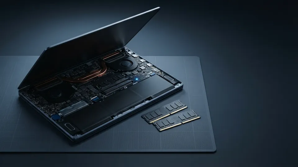 Open laptop with its bottom panel removed showing the fans and memory slots, with two spare memory sticks on the mat