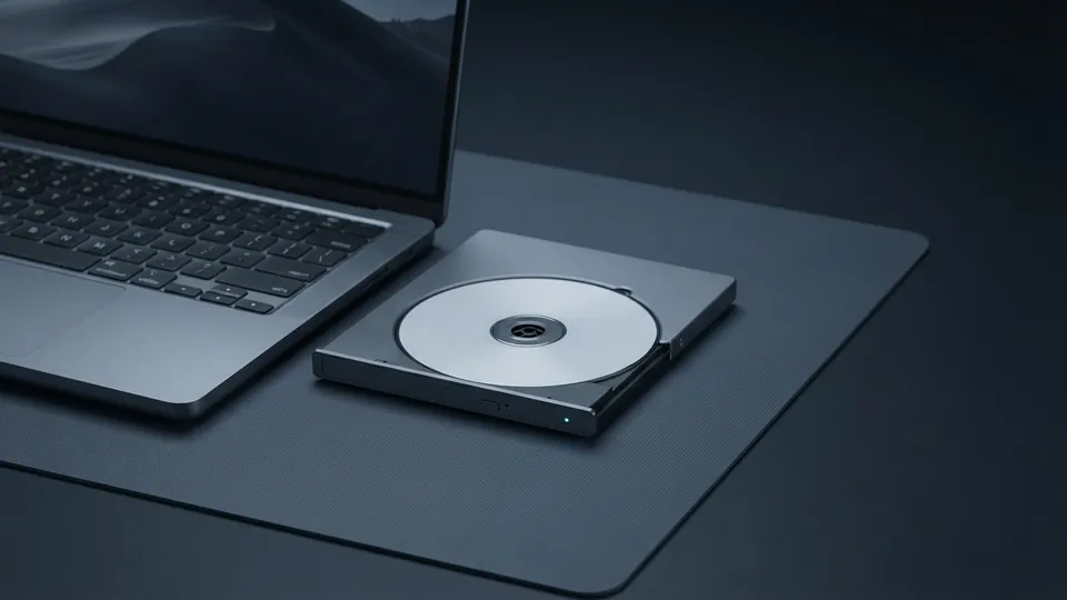 Slim external optical drive with its tray open and a blank disc inside, next to an open laptop