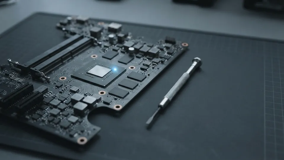 Bare laptop mainboard with a square processor package and memory chips beside a precision screwdriver on a gridded bench mat