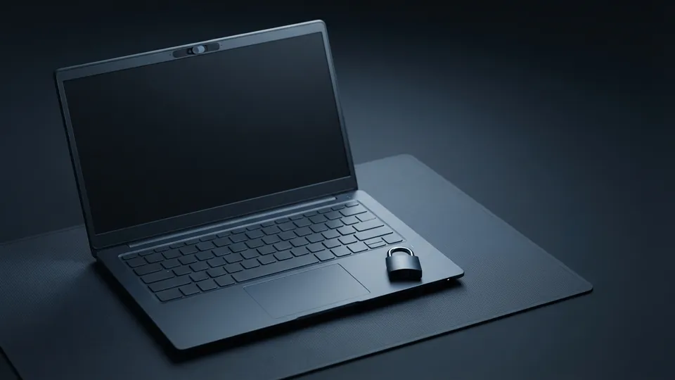 Open laptop with a dark screen and a closed webcam privacy slider, a small padlock resting on the palm rest