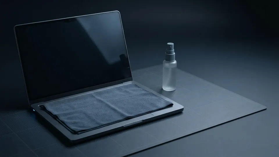 Open laptop with a microfibre cloth laid over the keyboard and a small unlabeled spray bottle beside it, ready to clean the screen
