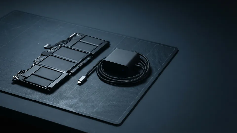 Bare laptop battery pack with its ribbon connector beside a compact USB-C charger and coiled cable