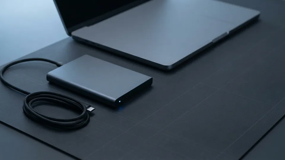 Portable external hard drive with its cable coiled beside it in front of a closed slate-grey laptop on a dark gridded bench mat