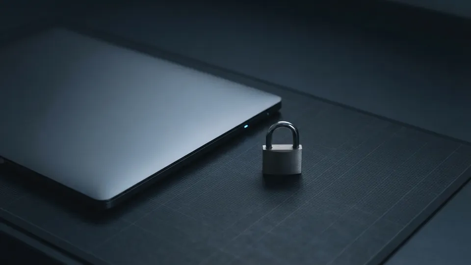 Closed laptop with a small steel padlock resting beside it on a gridded bench mat