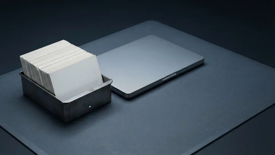 Metal card tray full of blank index cards filed upright beside a closed laptop