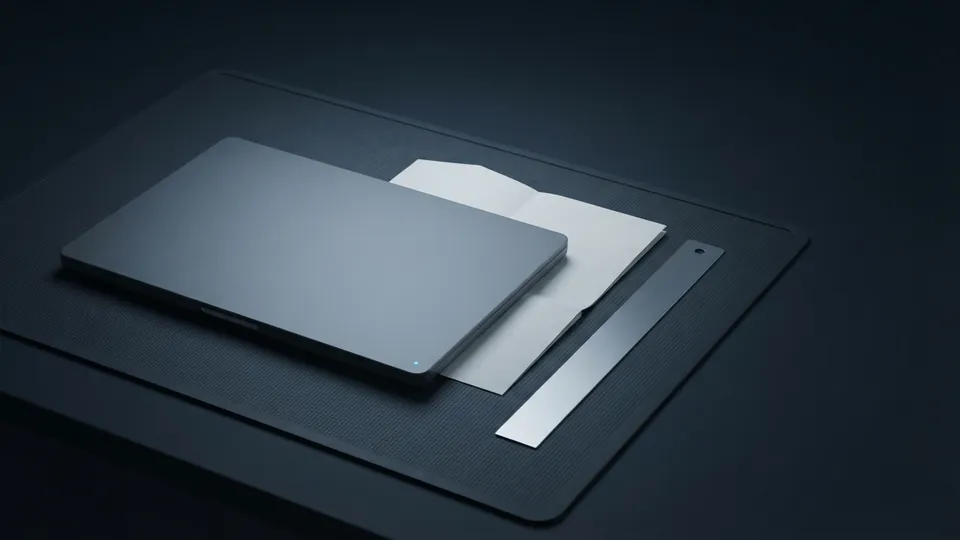Closed laptop on top of a blank folded document beside a plain steel straightedge