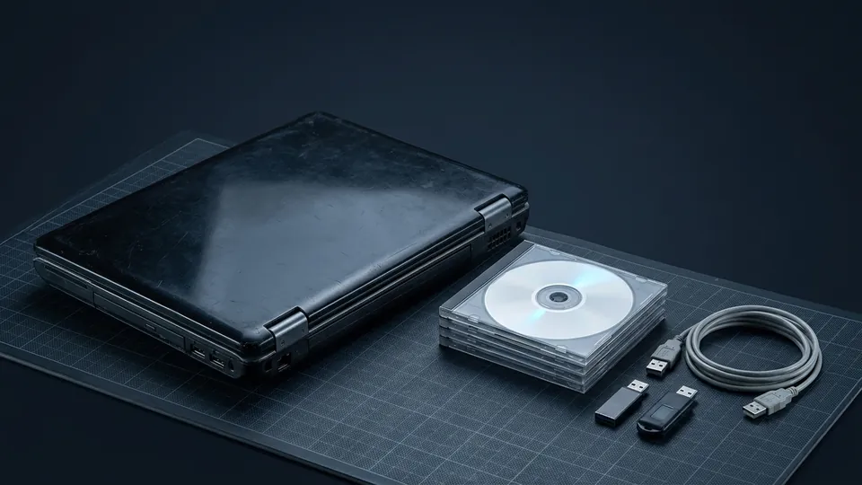 A thick glossy laptop from around 2009 beside a stack of blank discs in jewel cases, two old USB flash drives and a coiled cable
