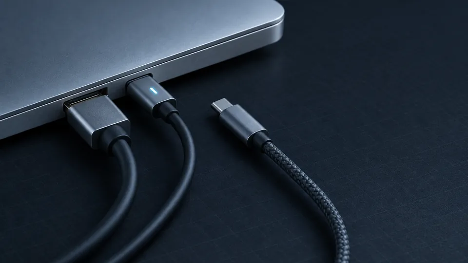 Close view of a laptop's side ports with an HDMI cable and a USB-C cable plugged in and a braided cable lying loose on a slate mat