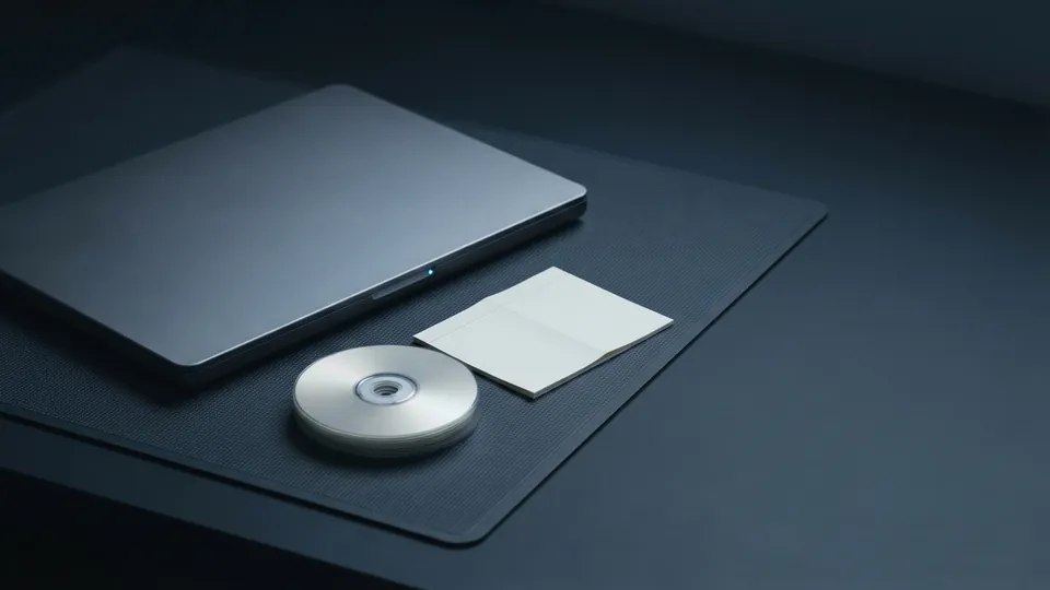 Closed laptop on a dark bench mat beside a blank optical disc and a folded plain index card, arranged like an archive shelf